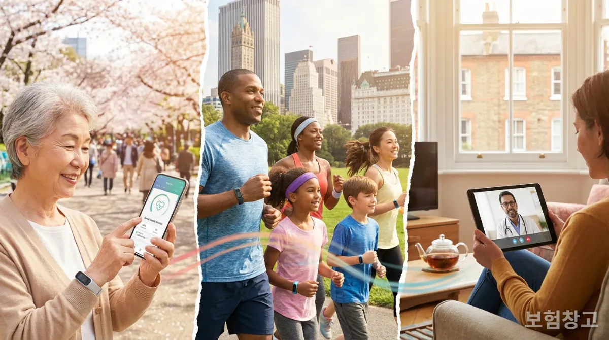 다양한 국가의 건강증진형 보험 및 헬스케어 기술 활용 사례를 보여주는 시각적 콜라주