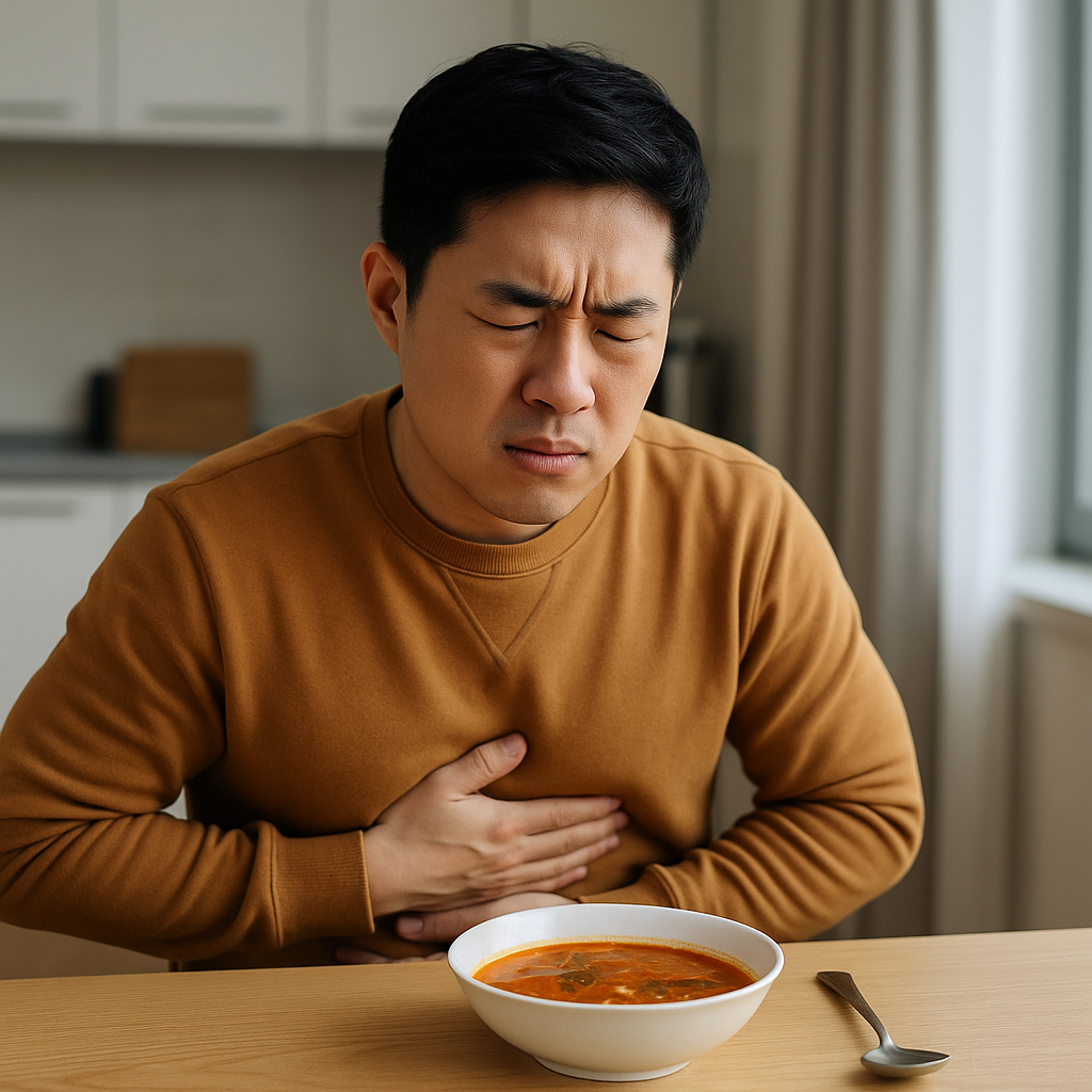 식탁 앞에 앉아 한 손으로 복부를 감싸며 속이 더부룩하고 불편한 표정을 짓고 있는 30대 한국 남성의 실사 사진. 식탁 위에는 매운 음식과 튀김류가 놓여 있으며, 위염으로 인한 소화 불편을 상징적으로 표현한 장면.
