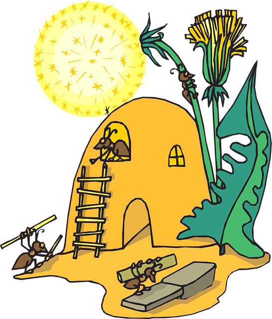 여러 마리의 개미들이 부지런히 개미 집을 짓고 있다.