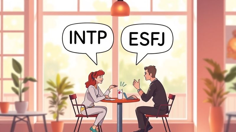 서로 다른 MBTI 성격 유형 약자가 들어간 두 개의 말풍선, 다른 성격을 가진 두 사람의 대화를 상징