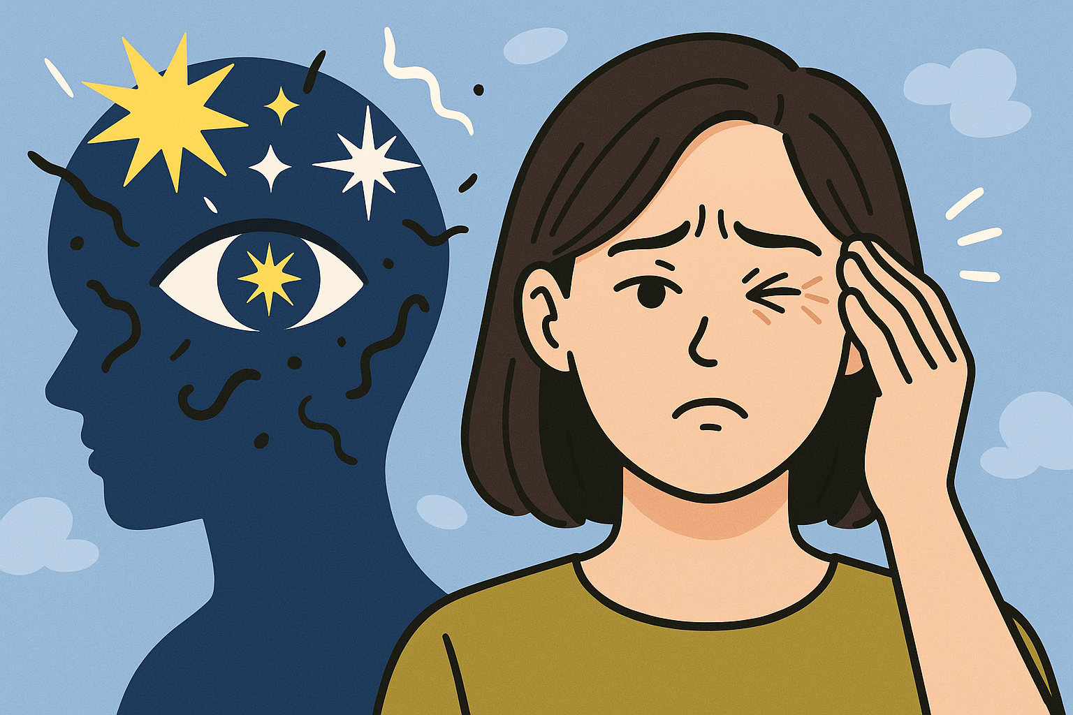 눈앞에 섬광과 비문이 나타나는 사람의 시야를 묘사한 건강 일러스트