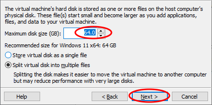 최소 64GB 이상의 용량 설정 후 Next 버튼