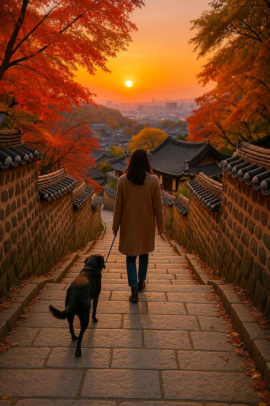 가을 단풍으로 물든 한옥 돌담길을 한국 여성이 블랙 래브라도와 함께 내려가며, 노을빛 하늘과 지붕들이 멀리 펼쳐지는 장면, 오도산 단풍길 모습