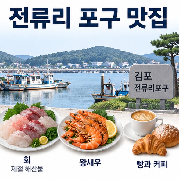 전류리 포구 맛집 문구와 포구 풍경 회 제철 새우 브런치를 함께 보여주는 대표 인포그래픽