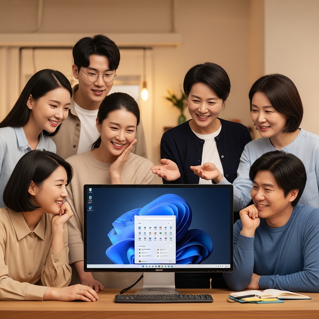 다양한 연령대의 한국인들이 윈도우 11 설치 도우미를 사용하여 컴퓨터를 업그레이드하며 만족스럽게 화면을 바라보는 모습