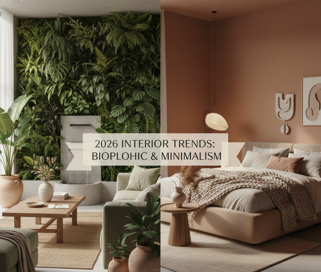 2026년 인테리어 트렌드. 실내 식물 수직 정원과 곡선형 소파가 있는 따뜻한 톤의 바이오필릭 디자인 거실