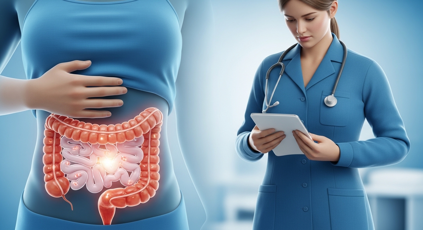 대장암 초기 징후를 자가 진단하는 모습으로, 대장 건강에 대한 경각심을 상징합니다.