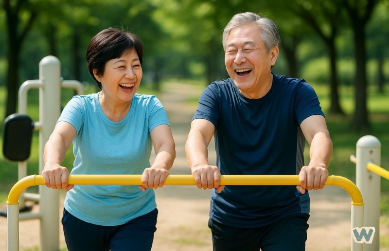 공원에서 야외 운동 기구를 사용하며 웃는 노부부 via canva