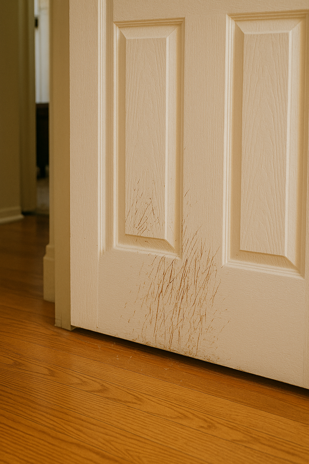 초기신호인 긁힌 자국이 선명한 현관문