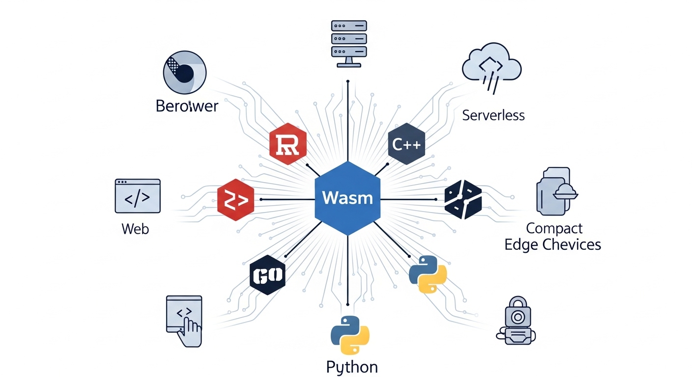 WebAssembly가 다양한 프로그래밍 언어를 웹 브라우저, 클라우드 서버, 엣지 기기에서 고성능으로 실행하는 추상적인 다이어그램.