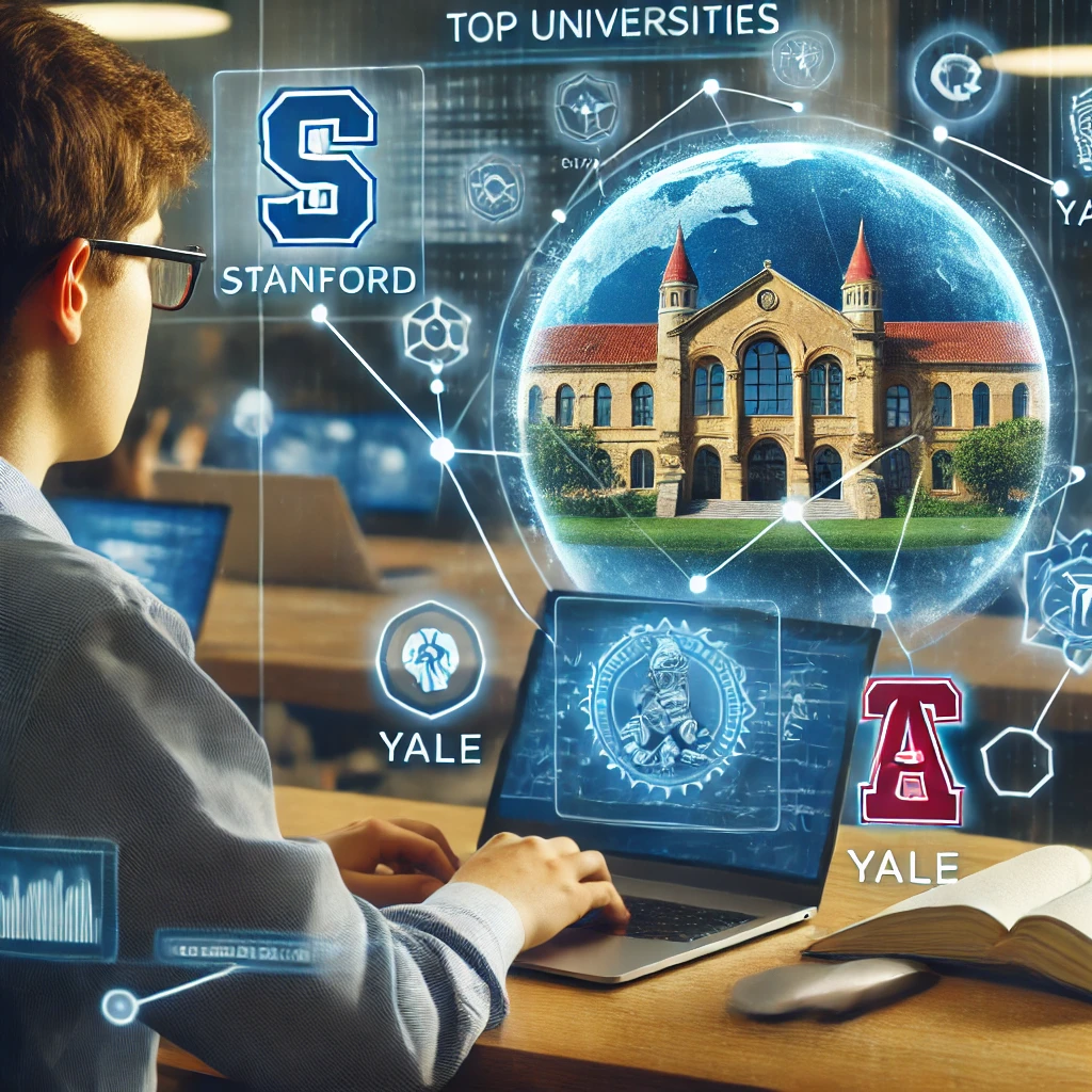 스탠퍼드와 예일 같은 명문 대학 강의를 Coursera에서 수강하는 학생, 미래형 디지털 강의실과 함께.