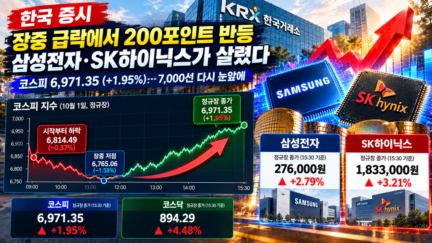 코스피 6971선 삼성전자 276000원 SK하이닉스 1833000원 반도체 상승을 표현한 국내 증시