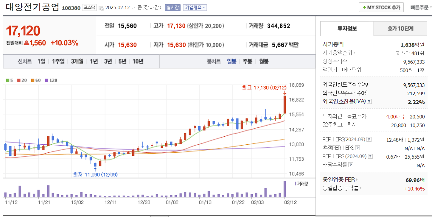 조선기자재 관련주 대장주 대양전기공업 일봉 차트
