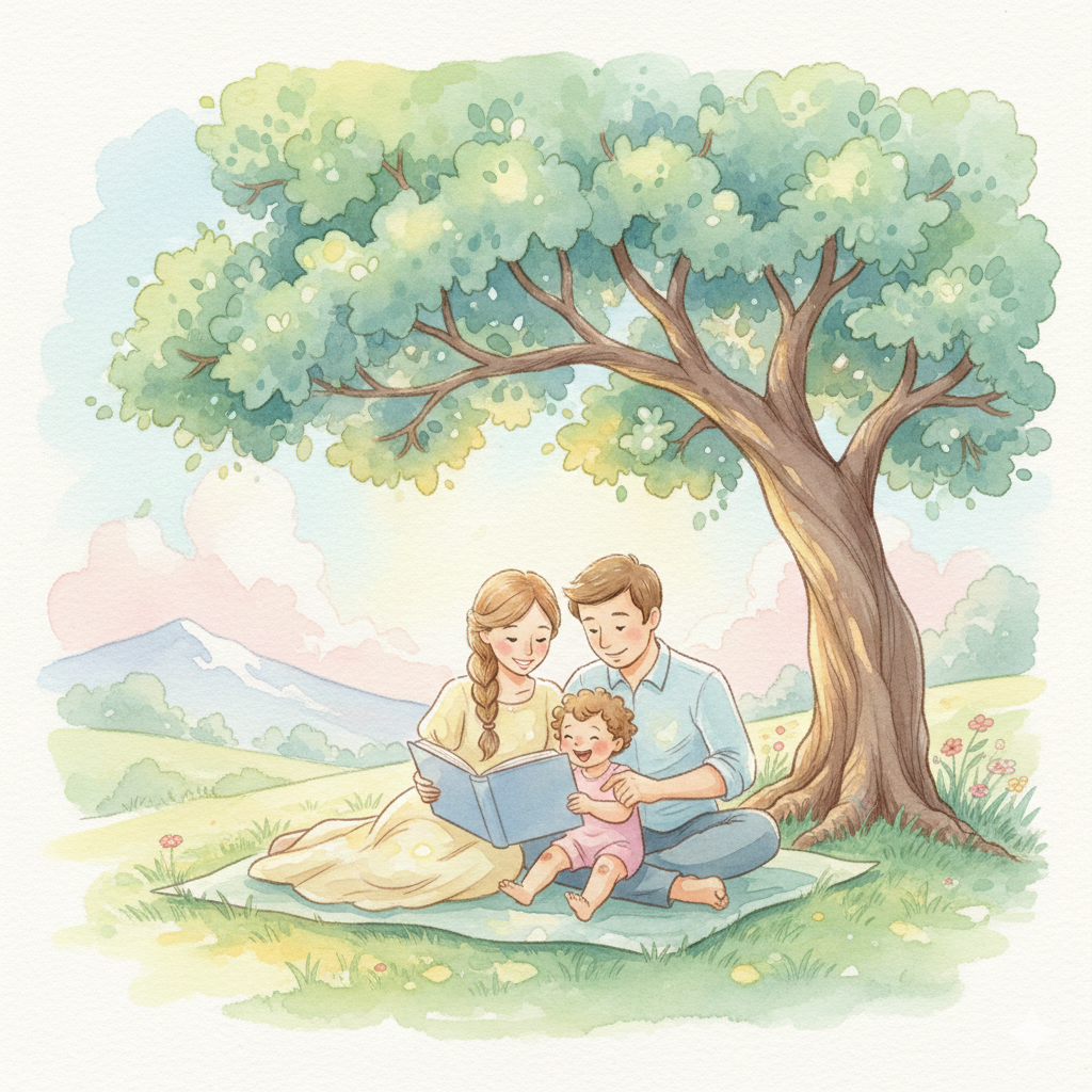 따뜻한 파스텔 톤의 수채화풍 일러스트. 커다란 나무 아래서 부모와 아이가 나란히 앉아 책을 읽고 있는 평화로운 풍경.