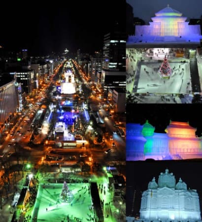 거리에 여러 모형물들이 있고 조명으로 빛나고 있다.