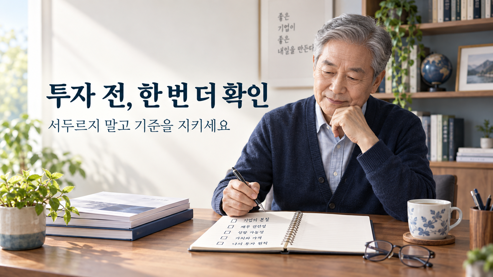 아침 햇살이 비치는 서재에서 시니어 남성이 노트의 투자 체크리스트를 차분히 확인하는 모습을 표현한 설명 이미지