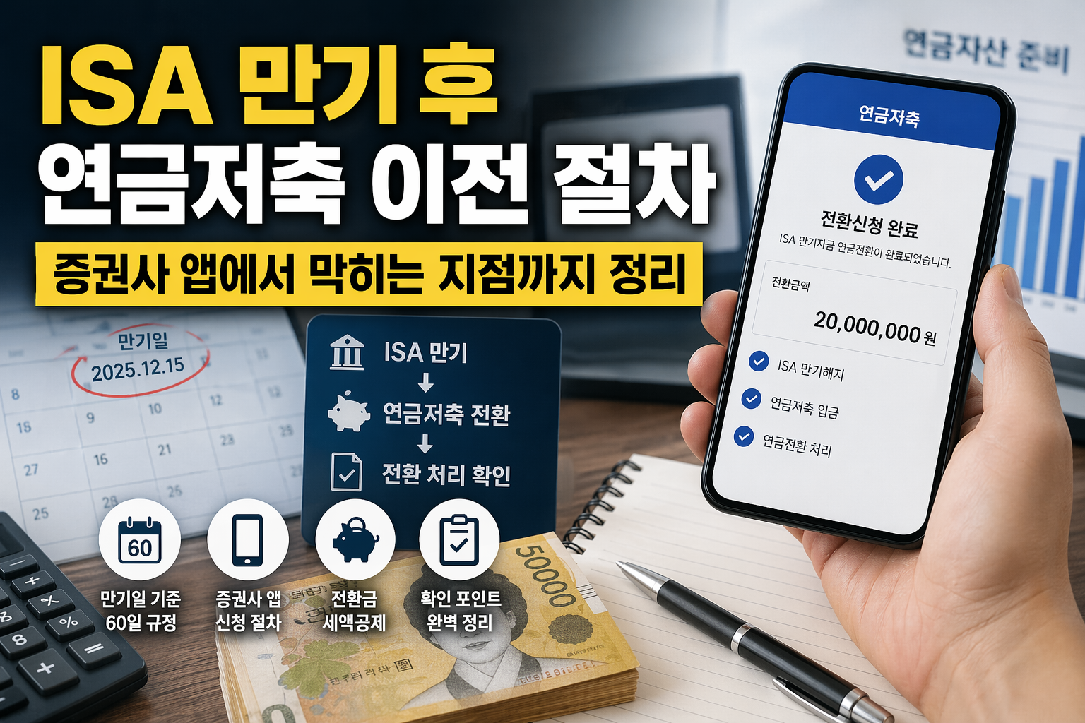 ISA 만기 후 연금저축 이전 절차 썸네일, 증권사 앱 전환 신청 화면과 만기일 60일 규정, 전환 처리 확인 포인트를 강조한 이미지