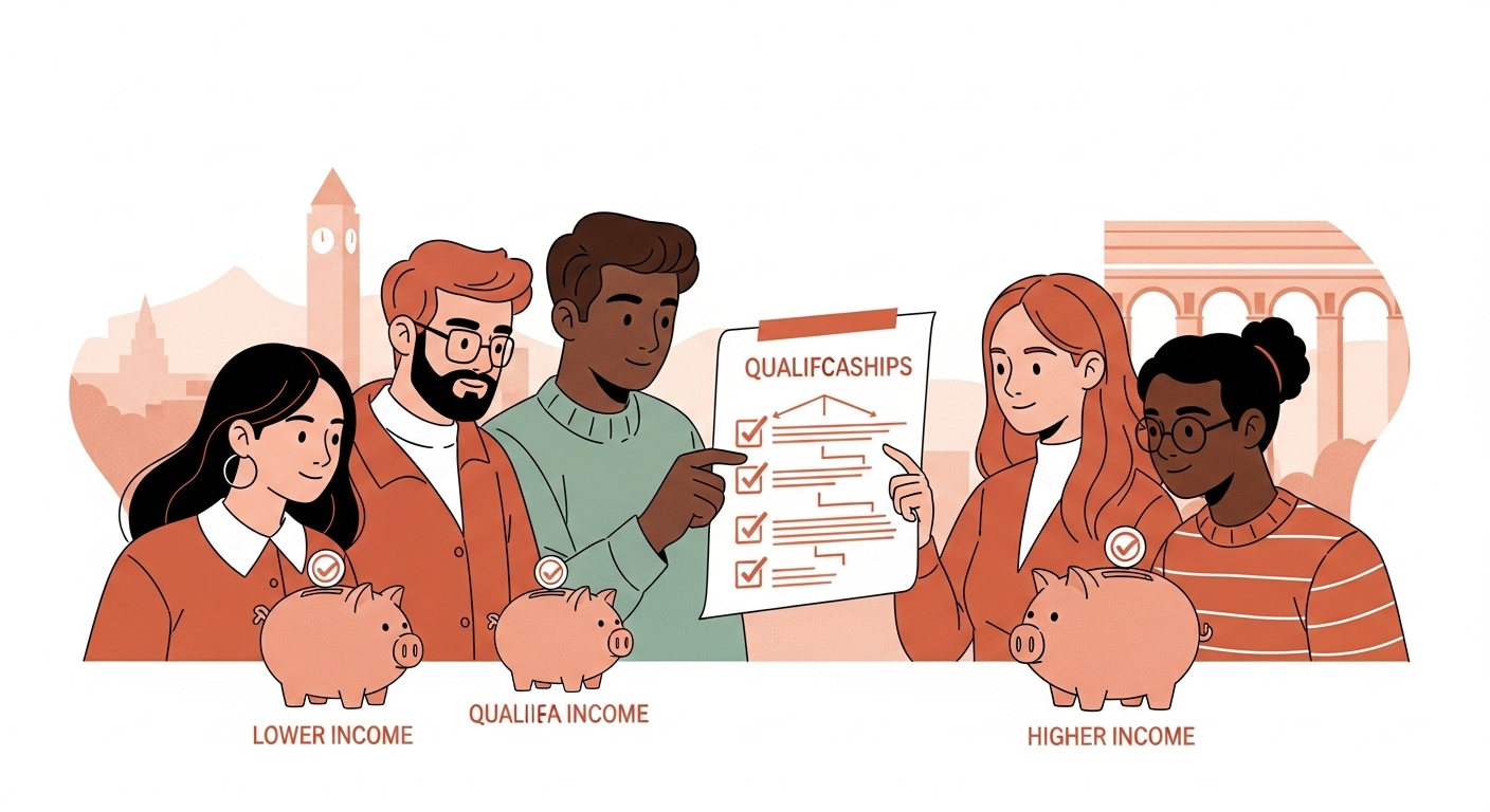 다양한 소득분위의 학생들이 국가장학금 신청 자격 조건을 확인하는 모습