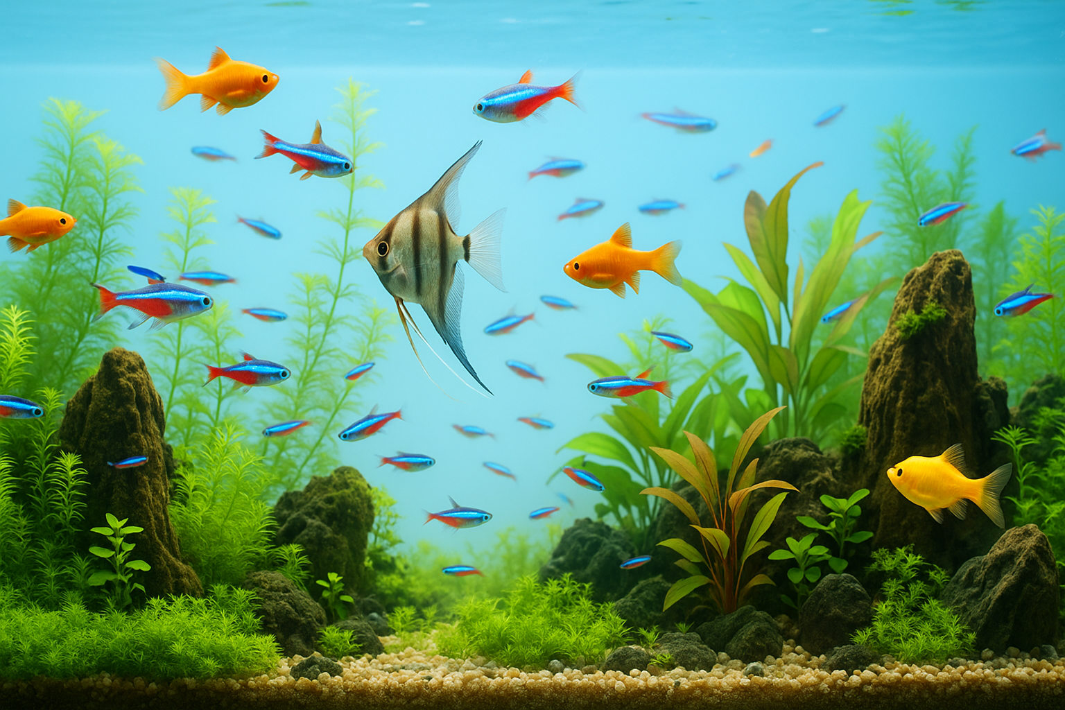 열대어 수조에 적합한 현대적인 디자인의 수조가 거실에 놓여 있다. 수조 안에는 다양한 색상의 열대어와 싱그러운 수초, 자연스러운 돌과 유목이 조화를 이루고 있다. 밝고 세련된 인테리어와 어우러져 트렌디하고 고급스러운 분위기를 자아낸다.