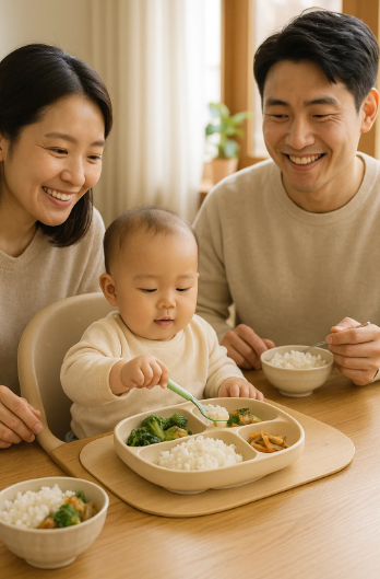 가족과 식탁에 앉아 가족식을 먹는 돌 지난 아기와 따뜻한 식사 분위기