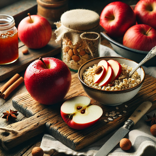 나무 도마 위에 신선한 빨간 사과와 사과 슬라이스, 견과류와 사과 조각이 올라간 오트밀, 그리고 홈메이드 사과 잼이 담긴 병이 따뜻한 분위기의 주방에서 자연스럽게 배치된 모습.