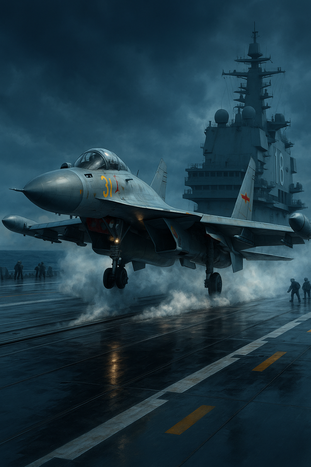 중국 항공모함에서 이륙하는 J-15 전자전기의 AI 이미지