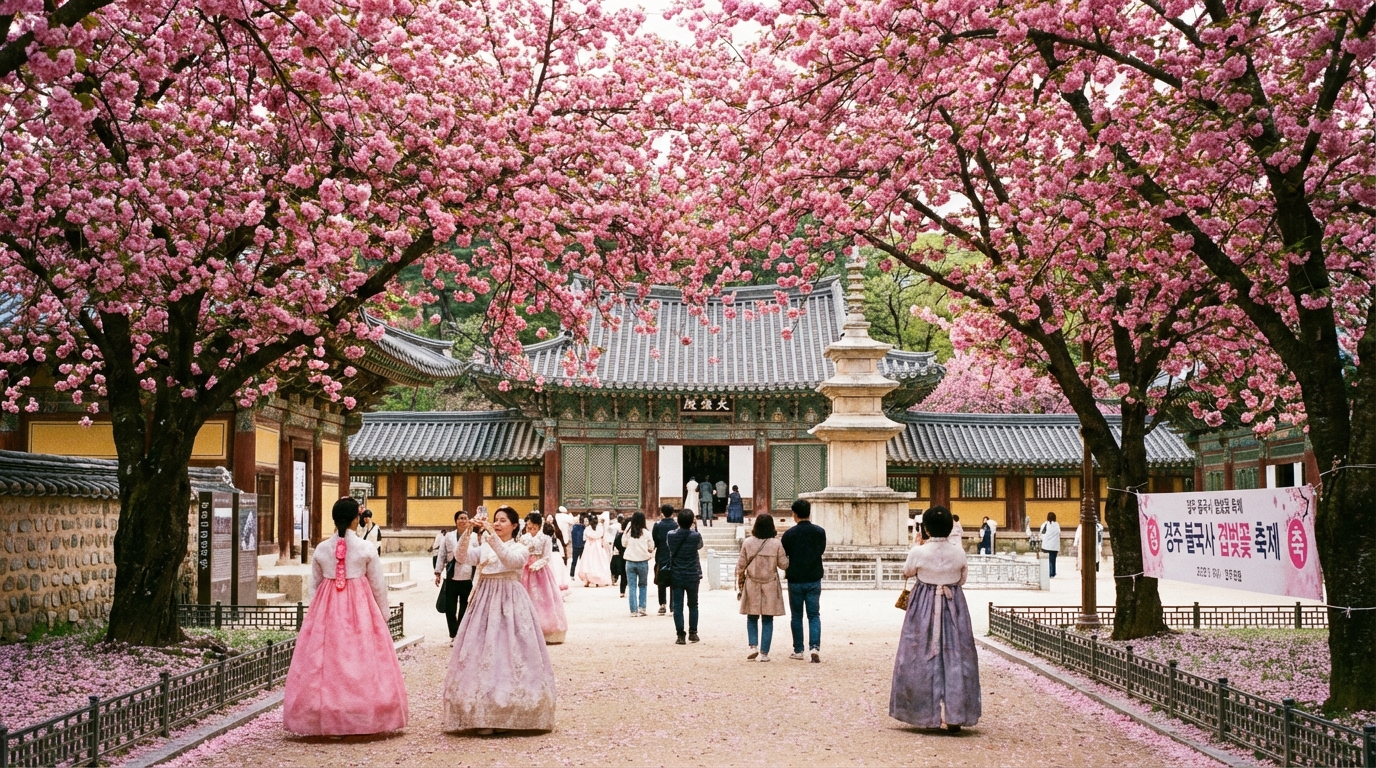 경주 불국사 산책로에 흐드러진 분홍색 겹벚꽃 전경