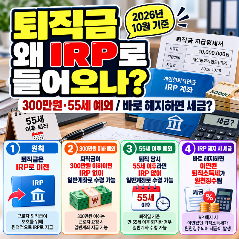 2026 퇴직금 IRP 이전 300만원 이하 55세 예외 해지 세금