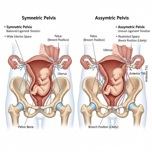 골반 내 공간 불균형과 인대 긴장 관점에서 해석하는 태아 회전 제한의 구조적 원인