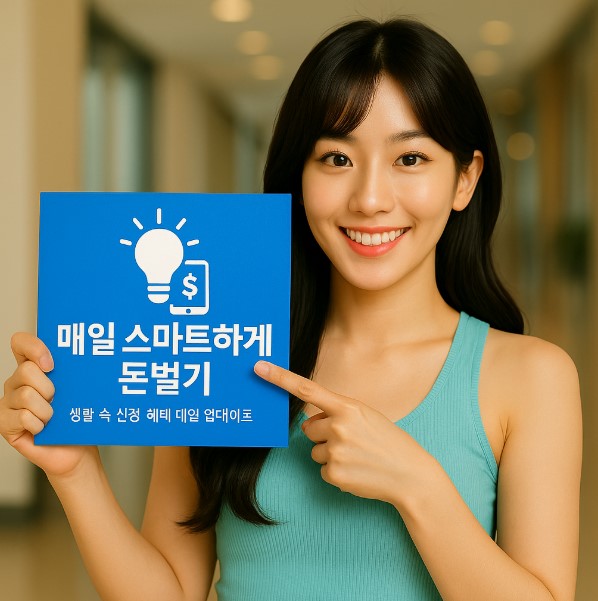 밝게 웃는 여성 모델이 '매일 스마트하게 돈벌기' 안내판을 들고 있는 모습