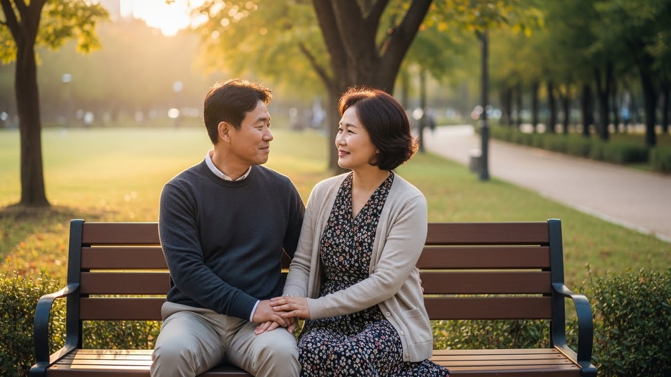 평온한 분위기의 공원에서 노후의 삶과 연금 수령 시기에 대해 진지하게 대화하는 중년 부부의 모습