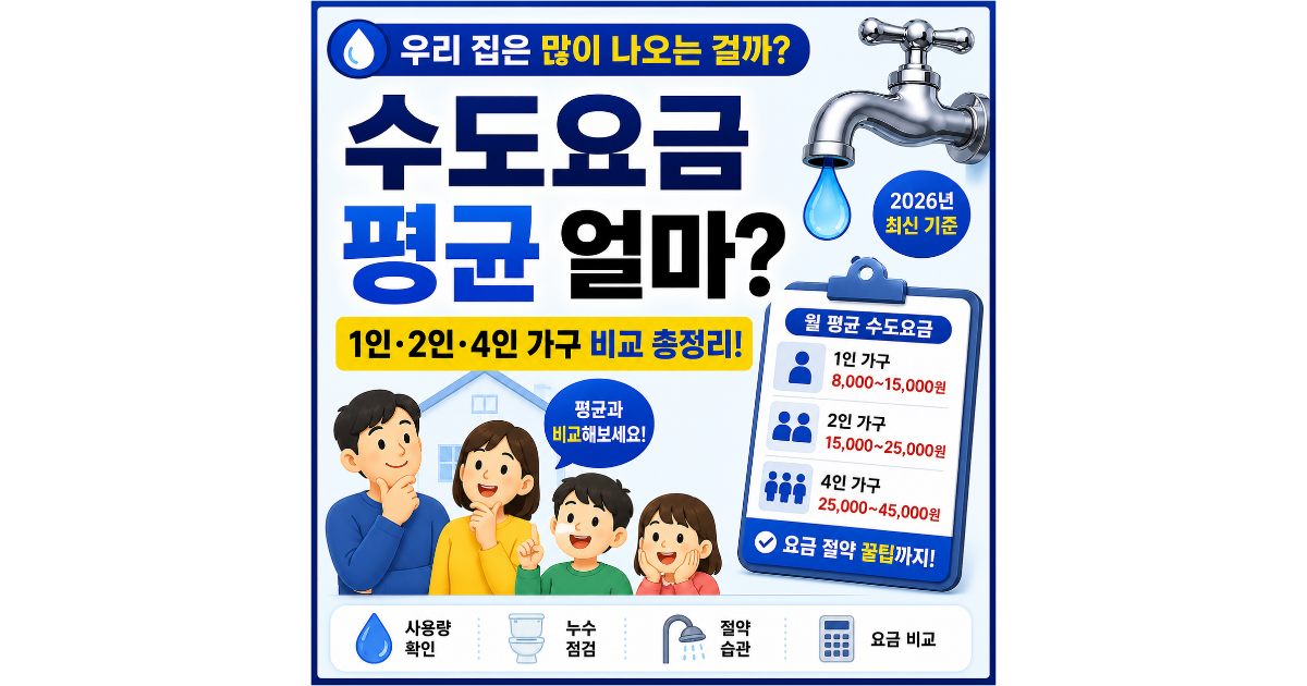 수도요금 평균 얼마 나오나요? 1인&middot;2인&middot;4인 가구 기준 총정리 (2026년)