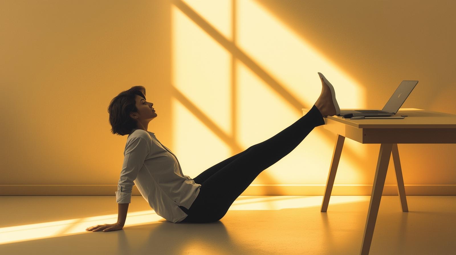 사무실 책상 옆에서 다리를 스트레칭하는 장면