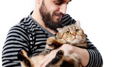 통통한 고양이를 안고 있는 남자.