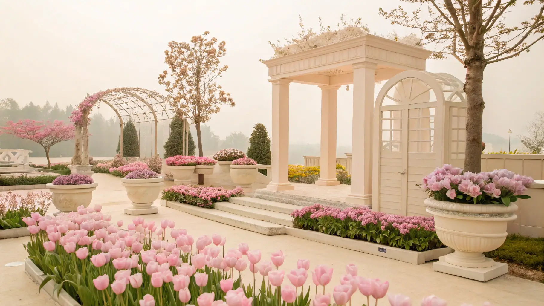 pink garden display with tulips and violas at Sejong National Arboretum
