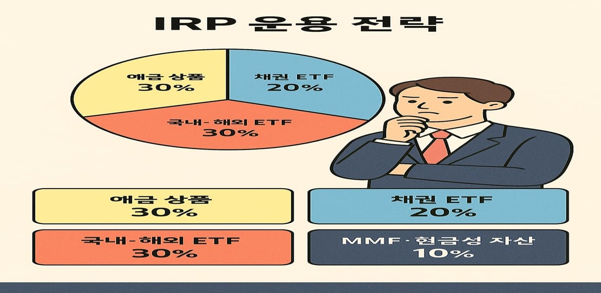 IRP 자산 운용 비중을 예금, 채권 ETF, 국내·해외 ETF, MMF로 구성한 파이차트 인포그래픽