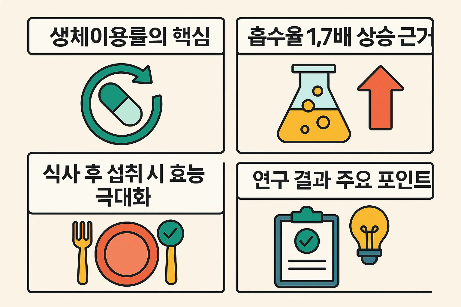 RTG 오메가3의 생체이용률 핵심, 흡수율 1.7배 상승 근거, 식사 후 섭취 시 효능 극대화, 연구 결과 주요 포인트를 시각화한 인포그래픽.