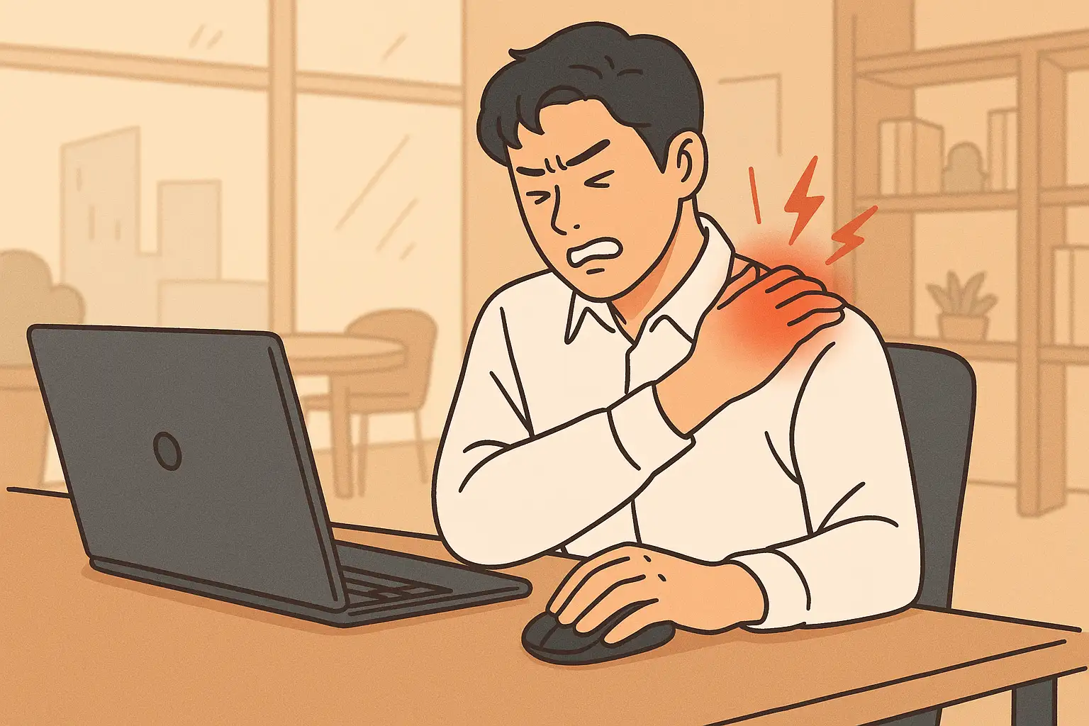 컴퓨터 앞에서 마우스를 오래 사용하며 어깨를 움켜쥐는 직장인
