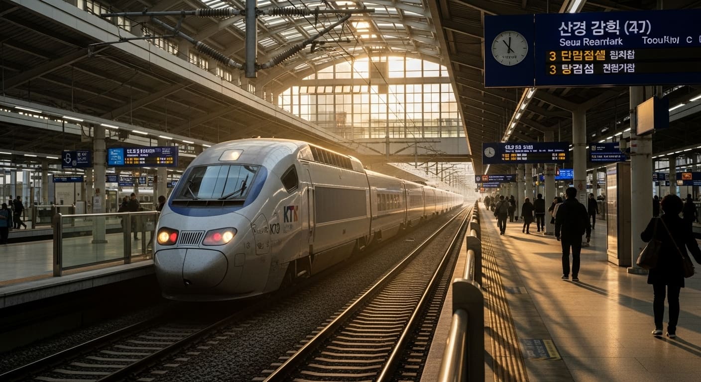 석양빛이 비치는 역사 승강장에 정차한 KTX 열차