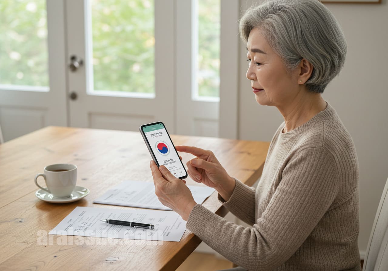 스마트폰으로 건강보험 앱을 확인하며 혜택을 찾는 여성