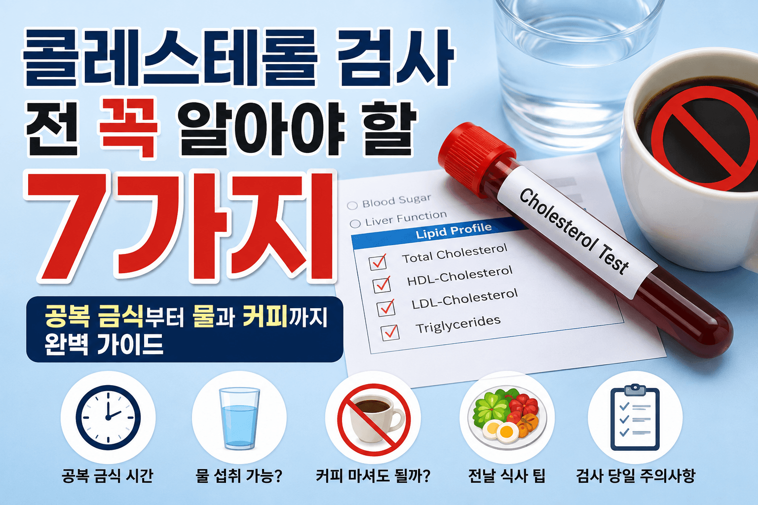 콜레스테롤 검사 전 꼭 알아야 할 7가지, 금식부터 물과 커피까지