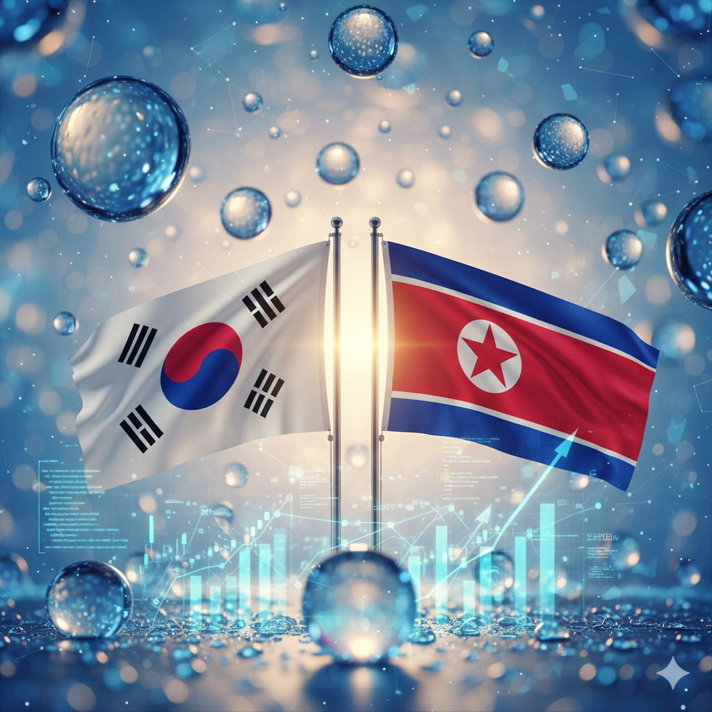 대한민국 태극기와 북한 인공기가 나란히 배치된 배경에 주가 지수 그래프와 물방울 효과가 가미된 남북 경협주 및 경제 분석 테마 이미지