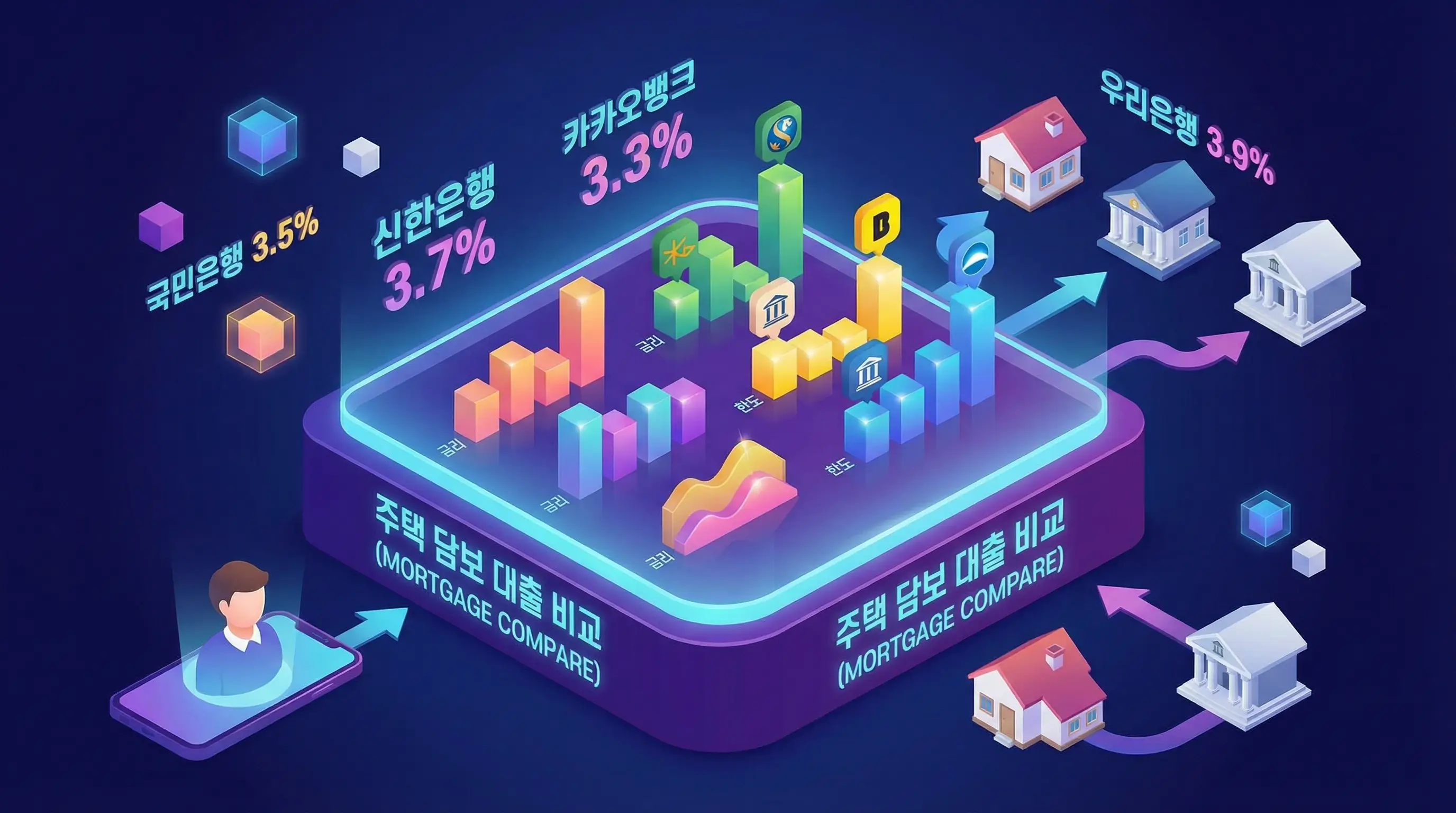주택 담보 대출 비교 사이트를 통해 여러 금융사의 금리와 한도를 비교하는 3D 인포그래픽