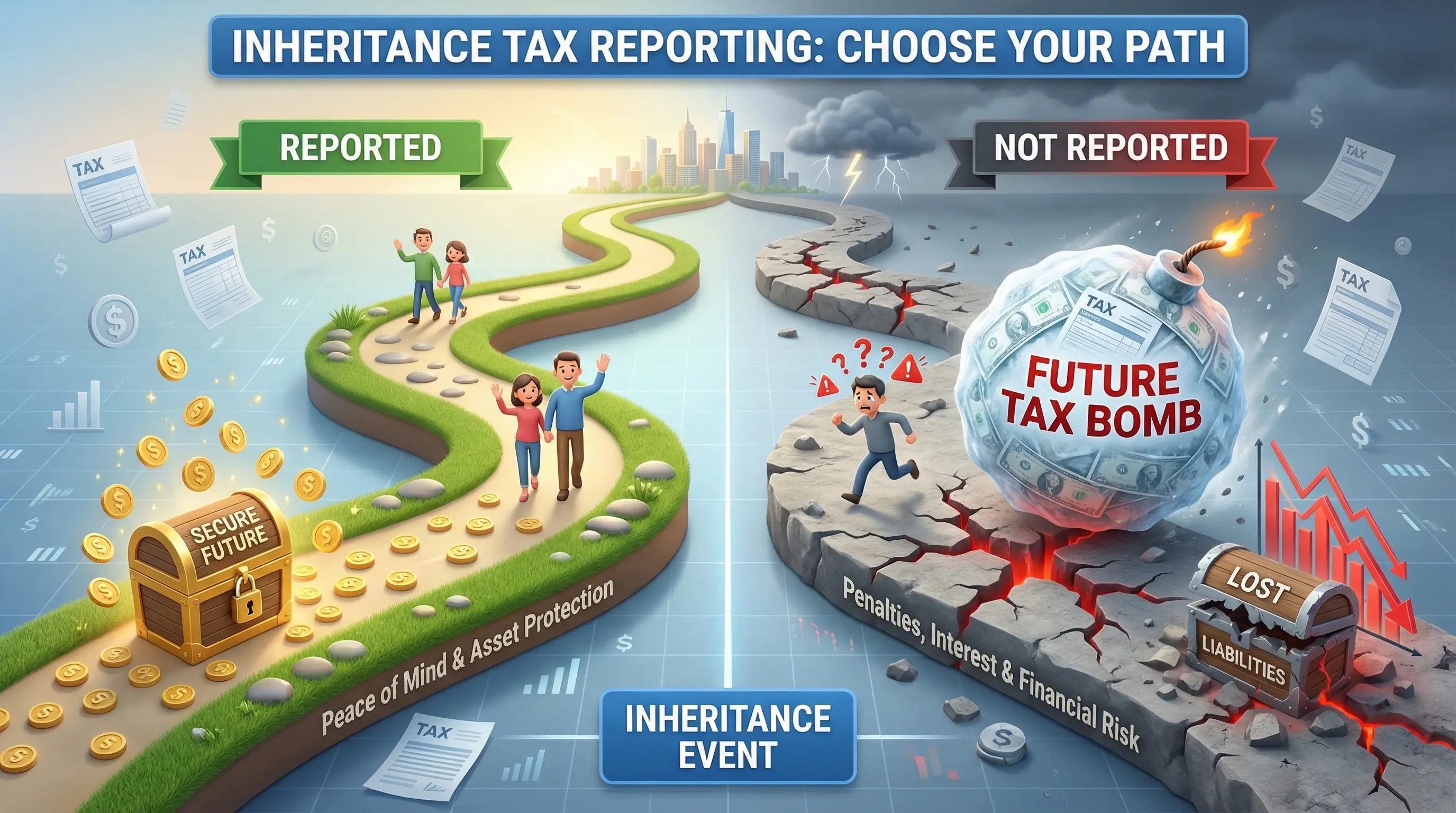 상속세 신고를 하는 것과 안 하는 것의 미래 세금 차이를 비교하는 그래프 인포그래픽