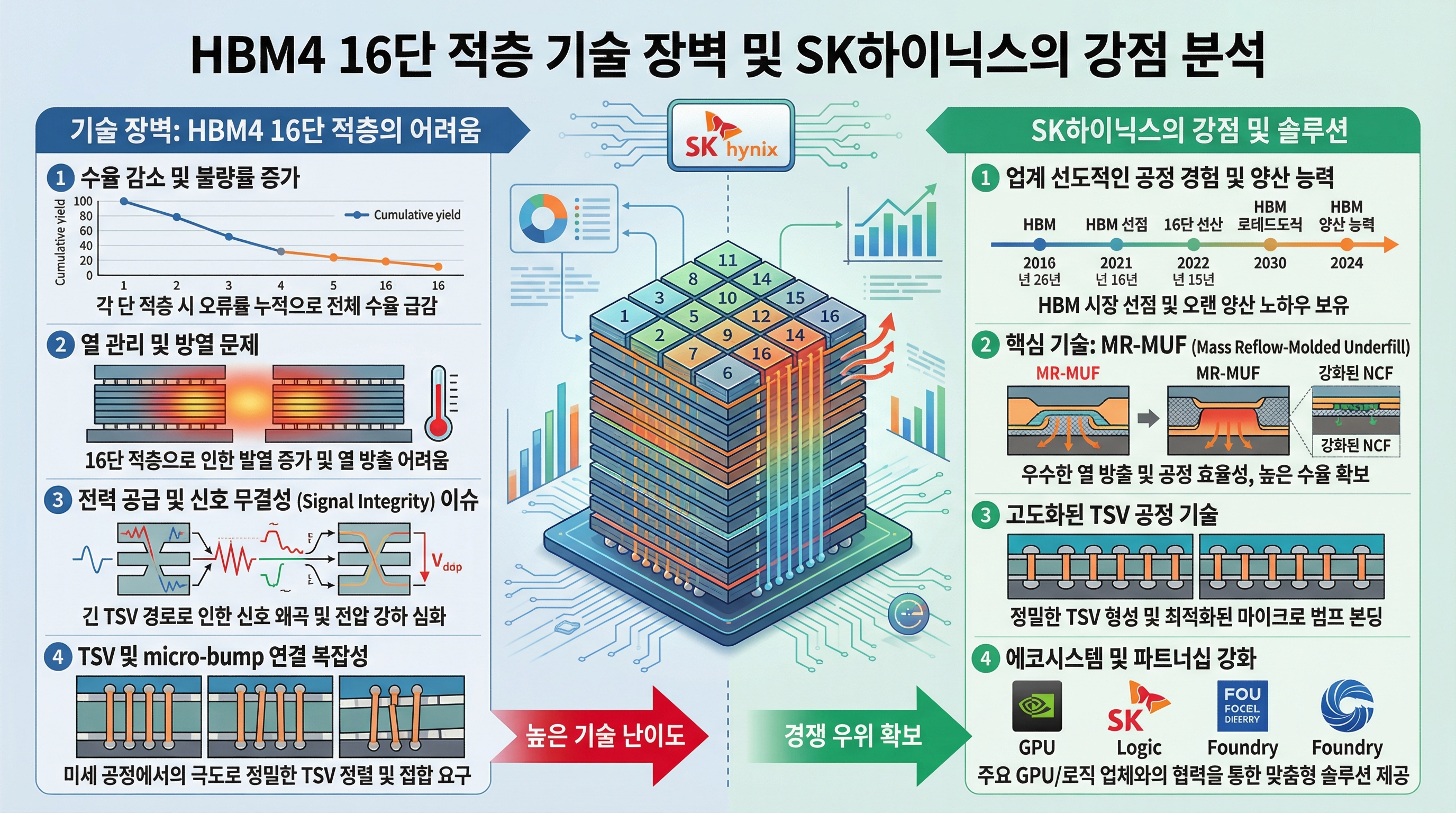 HBM4 16단 적층 구조가 왜 기술적 장벽인지, 왜 SK하이닉스가 유리한지 보여주는 기술 도표