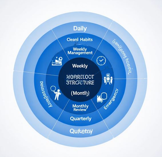동심원 형태의 다층 구조 다이어그램으로 다층적이고 체계적인 장기 관리 시스템과 완벽이 아닌 지속 가능한 여정을 시각적으로 효과적으로 전달