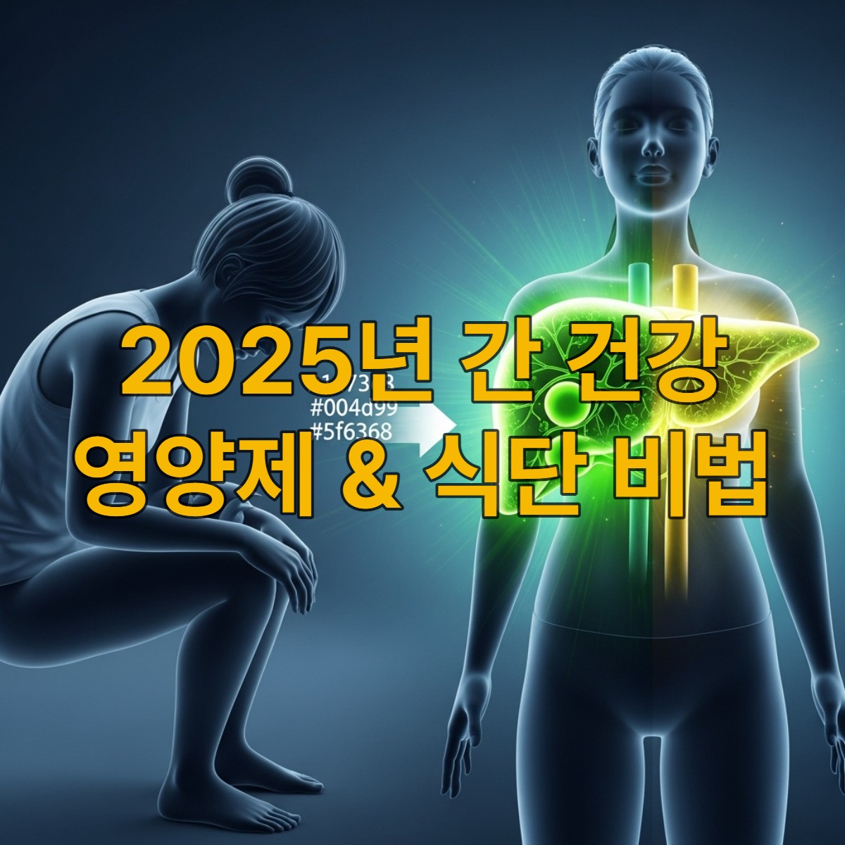 만성피로와 지친 사람이 건강한 간을 통해 활력을 되찾는 모습을 형상화한 이미지. 파란색과 초록색 계열의 색상으로 간 건강 회복의 희망을 표현.