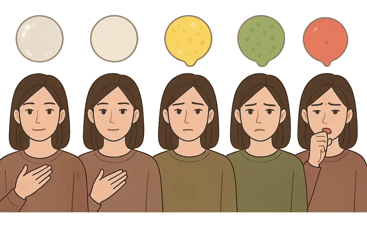 가래 색깔 가이드 &mdash; 투명, 흰색, 노란색, 녹색, 붉은색 단계별 건강 신호등