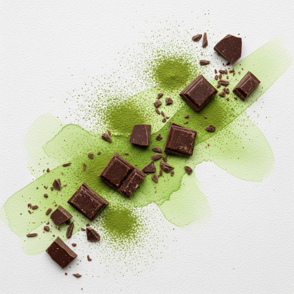 말차 가루와 초콜릿 조각의 예술적인 수채화 표현