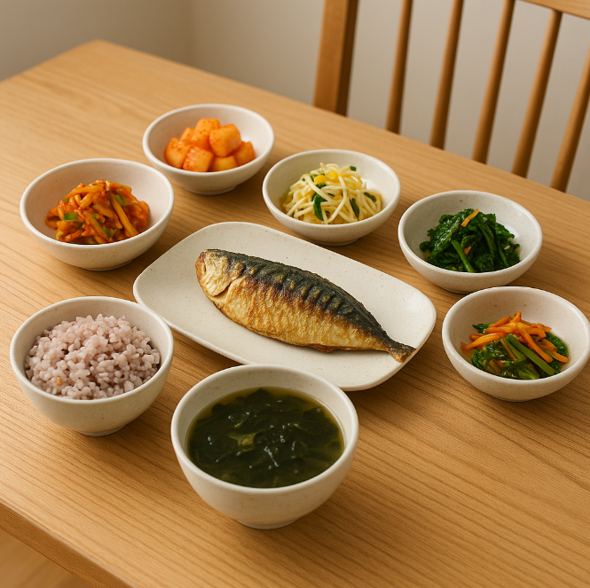 가정집 식탁 위에 잡곡밥, 생선구이, 채소 반찬, 미역국이 올려진 모습